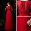 High End Rot Tanzen Ballkleider 2020 A Linie Durchsichtige Rundhalsausschnitt Lange Ärmel Stoffgürtel Perlenstickerei Strass Lange Rüschen Festliche Kleider
