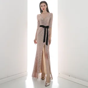 Affordable Rose Gold Sequins Evening Dresses 2020 Trumpet Mermaid V Neck 1 2 Sleeves Sash Split Front Floor Length Long Backless Formal Dresses
