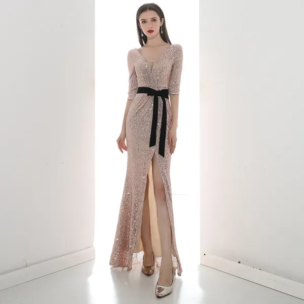 Affordable Rose Gold Sequins Evening Dresses  2020 Trumpet / Mermaid V-Neck 1/2 Sleeves Sash Split Front Floor-Length / Long Backless Formal Dresses