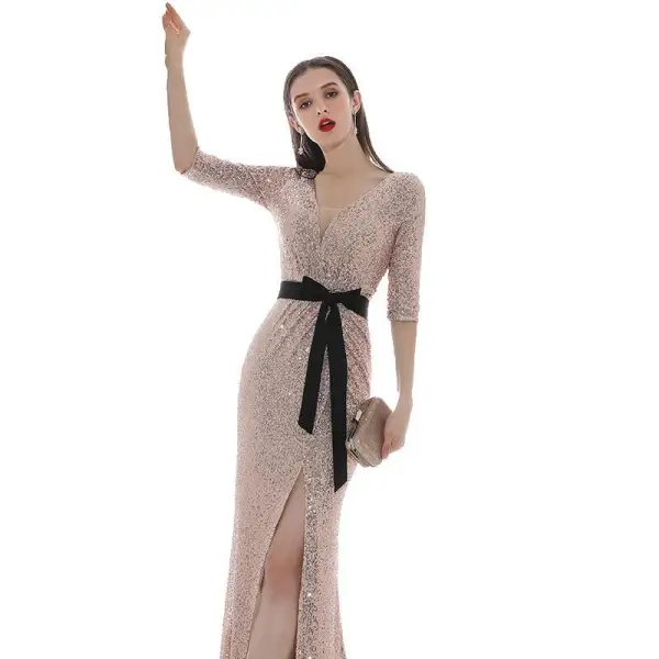 Erschwinglich Rose Gold Pailletten Abendkleider 2020 Meerjungfrau V-Ausschnitt 1/2 Ärmel Stoffgürtel Gespaltete Front Lange Rückenfreies Festliche Kleider