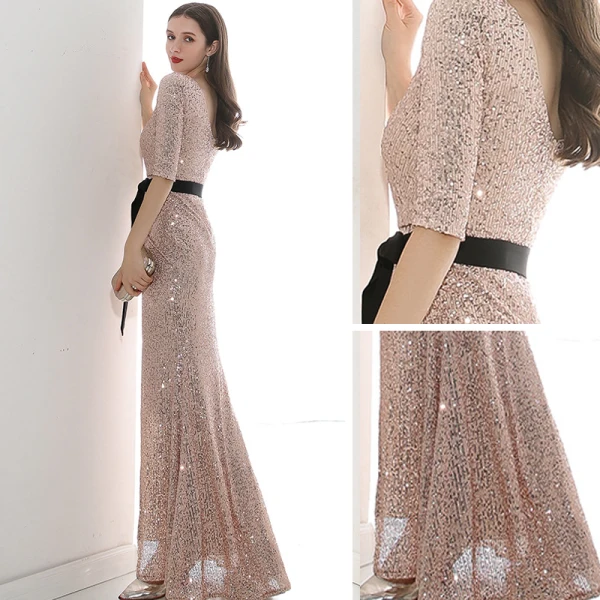 Erschwinglich Rose Gold Pailletten Abendkleider 2020 Meerjungfrau V-Ausschnitt 1/2 Ärmel Stoffgürtel Gespaltete Front Lange Rückenfreies Festliche Kleider