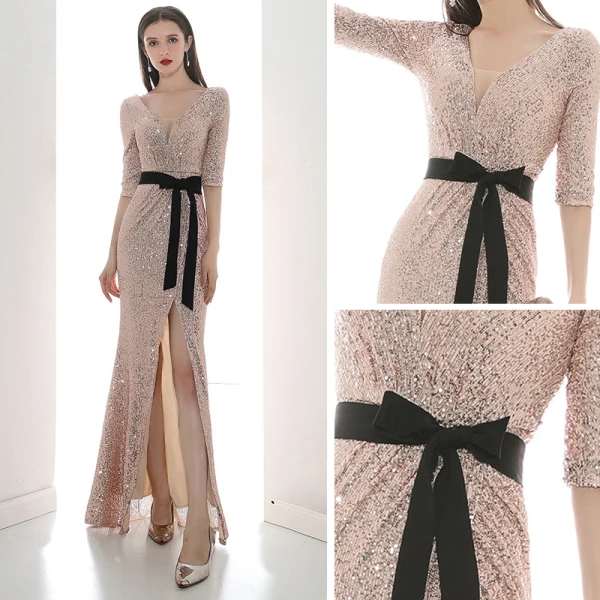 Erschwinglich Rose Gold Pailletten Abendkleider 2020 Meerjungfrau V-Ausschnitt 1/2 Ärmel Stoffgürtel Gespaltete Front Lange Rückenfreies Festliche Kleider