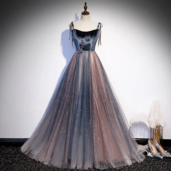 Elegant Navy Blue Dancing Prom Dresses 2020 A-Line / Princess Spaghetti Straps Sleeveless Formal Dresses Backless Beading Glitter Ruffle Floor-Length / Long Tulle