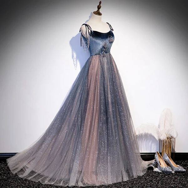 Elegant Navy Blue Dancing Prom Dresses 2020 A-Line / Princess Spaghetti Straps Sleeveless Formal Dresses Backless Beading Glitter Ruffle Floor-Length / Long Tulle