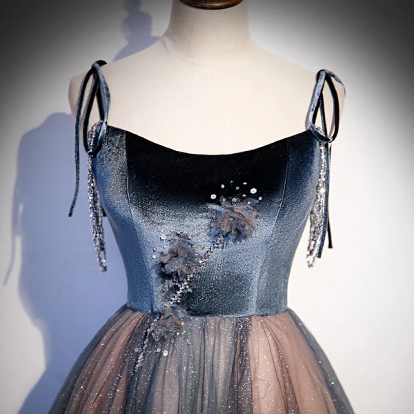 Elegant Navy Blue Dancing Prom Dresses 2020 A-Line / Princess Spaghetti Straps Sleeveless Formal Dresses Backless Beading Glitter Ruffle Floor-Length / Long Tulle