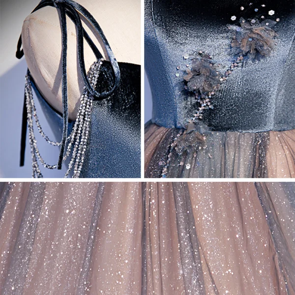 Elegant Navy Blue Dancing Prom Dresses 2020 A-Line / Princess Spaghetti Straps Sleeveless Formal Dresses Backless Beading Glitter Ruffle Floor-Length / Long Tulle