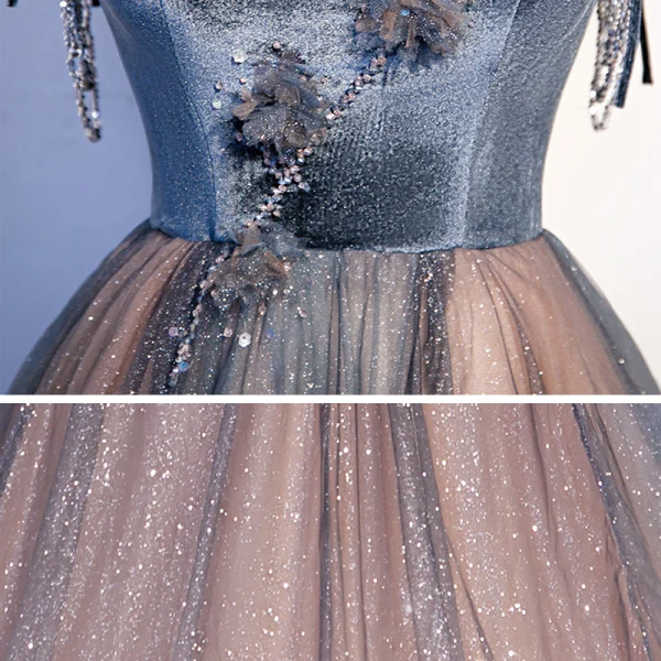Elegant Navy Blue Dancing Prom Dresses 2020 A-Line / Princess Spaghetti Straps Sleeveless Formal Dresses Backless Beading Glitter Ruffle Floor-Length / Long Tulle