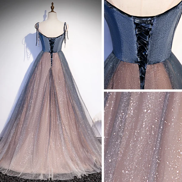 Elegant Navy Blue Dancing Prom Dresses 2020 A-Line / Princess Spaghetti Straps Sleeveless Formal Dresses Backless Beading Glitter Ruffle Floor-Length / Long Tulle