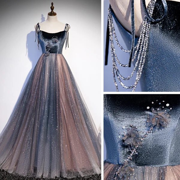 Elegant Navy Blue Dancing Prom Dresses 2020 A-Line / Princess Spaghetti Straps Sleeveless Formal Dresses Backless Beading Glitter Ruffle Floor-Length / Long Tulle