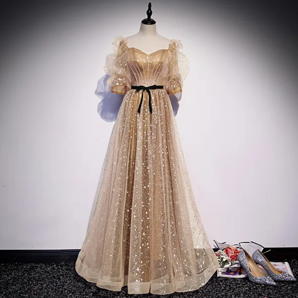 Victorian Style Gold Champagne Dancing Prom Dresses 2020 A-Line / Princess Square Neckline Puffy 1/2 Sleeves Glitter Star Tulle Sash Floor-Length / Long Ruffle