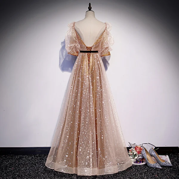 Victorian Style Gold Champagne Dancing Prom Dresses 2020 A-Line / Princess Square Neckline Puffy 1/2 Sleeves Glitter Star Tulle Sash Floor-Length / Long Ruffle