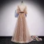 Victorian Style Gold Champagne Dancing Prom Dresses 2020 A-Line / Princess Square Neckline Puffy 1/2 Sleeves Glitter Star Tulle Sash Floor-Length / Long Ruffle
