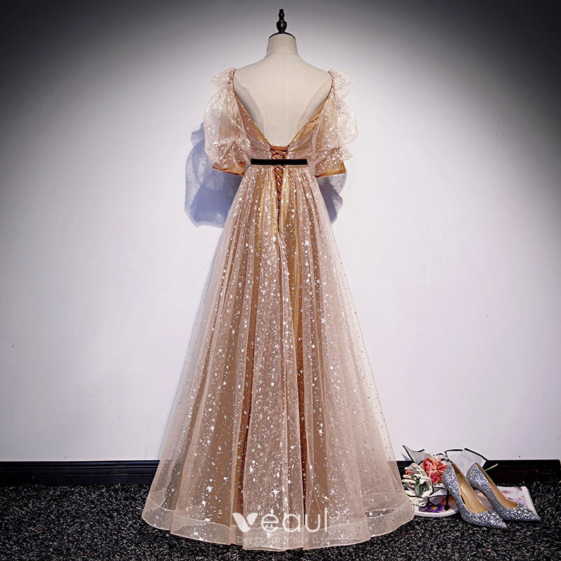 Victorian Style Gold Champagne Dancing Prom Dresses 2020 A Line Princess  Square Neckline Puffy 1 2 Sleeves Glitter Star Tulle Sash Floor Length Long  Ruffle