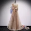 Victorian Style Gold Champagne Dancing Prom Dresses 2020 A-Line / Princess Square Neckline Puffy 1/2 Sleeves Glitter Star Tulle Sash Floor-Length / Long Ruffle