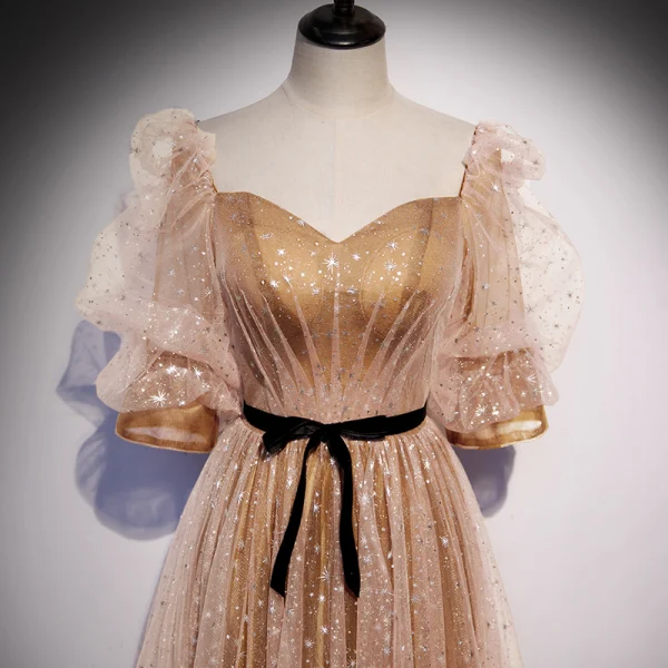 Victorian Style Gold Champagne Dancing Prom Dresses 2020 A-Line / Princess Square Neckline Puffy 1/2 Sleeves Glitter Star Tulle Sash Floor-Length / Long Ruffle
