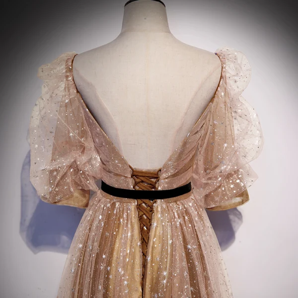 Victorian Style Gold Champagne Dancing Prom Dresses 2020 A-Line / Princess Square Neckline Puffy 1/2 Sleeves Glitter Star Tulle Sash Floor-Length / Long Ruffle