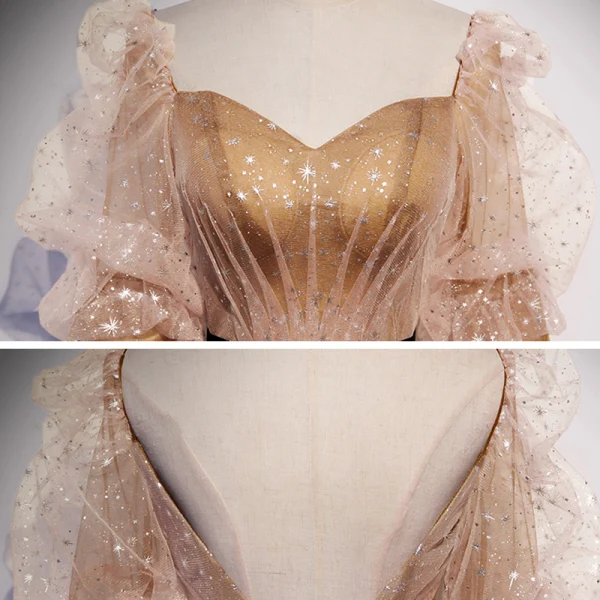 Victorian Style Gold Champagne Dancing Prom Dresses 2020 A-Line / Princess Square Neckline Puffy 1/2 Sleeves Glitter Star Tulle Sash Floor-Length / Long Ruffle