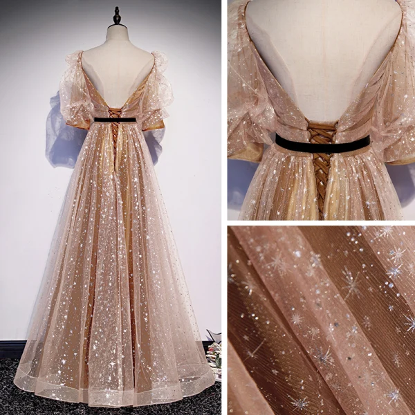 Victorian Style Gold Champagne Dancing Prom Dresses 2020 A-Line / Princess Square Neckline Puffy 1/2 Sleeves Glitter Star Tulle Sash Floor-Length / Long Ruffle