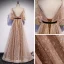 Victorian Style Gold Champagne Dancing Prom Dresses 2020 A-Line / Princess Square Neckline Puffy 1/2 Sleeves Glitter Star Tulle Sash Floor-Length / Long Ruffle