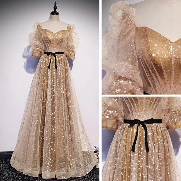 Victorian Style Gold Champagne Dancing Prom Dresses 2020 A-Line / Princess Square Neckline Puffy 1/2 Sleeves Glitter Star Tulle Sash Floor-Length / Long Ruffle