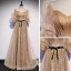 Victorian Style Gold Champagne Dancing Prom Dresses 2020 A-Line / Princess Square Neckline Puffy 1/2 Sleeves Glitter Star Tulle Sash Floor-Length / Long Ruffle