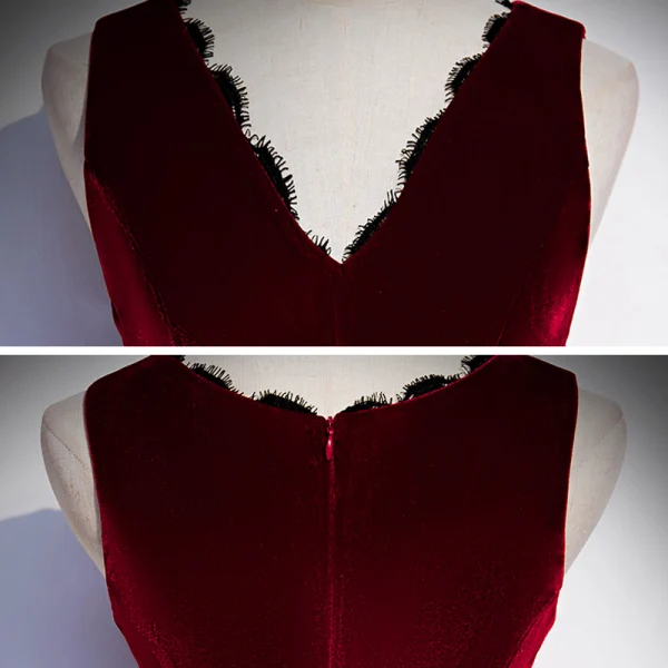 Modest / Simple Burgundy Velour Winter Evening Dresses 2020 Trumpet / Mermaid V-Neck Sleeveless Floor-Length / Long Ruffle Formal Dresses