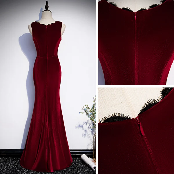 Modest / Simple Burgundy Velour Winter Evening Dresses 2020 Trumpet / Mermaid V-Neck Sleeveless Floor-Length / Long Ruffle Formal Dresses