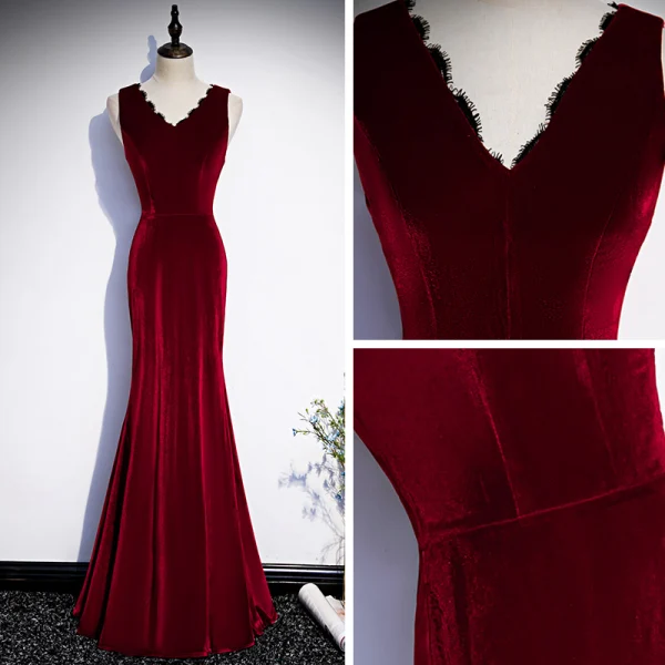 Modest / Simple Burgundy Velour Winter Evening Dresses 2020 Trumpet / Mermaid V-Neck Sleeveless Floor-Length / Long Ruffle Formal Dresses