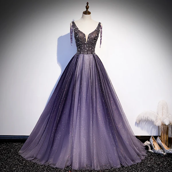 Best Purple Dancing Prom Dresses 2020 A-Line / Princess Deep V-Neck Sleeveless Beading Sequins Glitter Best Purple Dancing Prom Dresses 2020 A-Line / Princess Deep V-Neck Sleeveless Beading Sequins Glitter