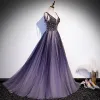 Best Purple Dancing Prom Dresses 2020 A-Line / Princess Deep V-Neck Sleeveless Beading Sequins Glitter Tulle Sweep Train Ruffle Backless Formal Dresses