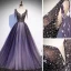 Beste Violett Tanzen Ballkleider 2020 A Linie Tiefer V-Ausschnitt Ärmellos Perlenstickerei Pailletten Glanz Tülle Sweep / Pinsel Zug Rüschen Rückenfreies Festliche Kleider