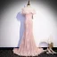 Meilleur Perle Rose Dentelle Robe De Soirée 2020 Trompette / Sirène De l'épaule Manches Courtes Perlage Train De Balayage Volants Dos Nu Robe De Ceremonie