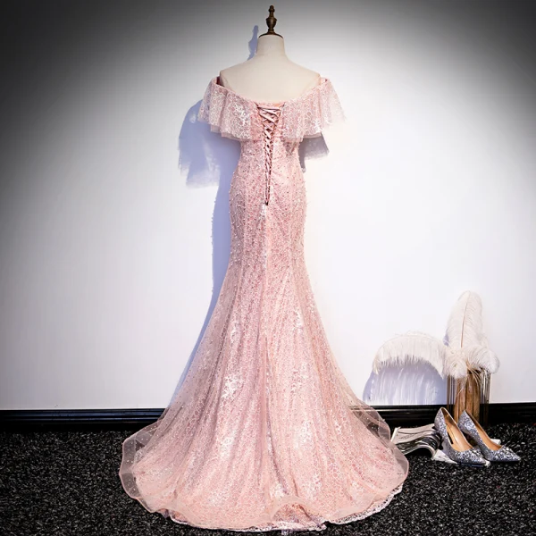 Meilleur Perle Rose Dentelle Robe De Soirée 2020 Trompette / Sirène De l'épaule Manches Courtes Perlage Train De Balayage Volants Dos Nu Robe De Ceremonie