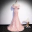 Meilleur Perle Rose Dentelle Robe De Soirée 2020 Trompette / Sirène De l'épaule Manches Courtes Perlage Train De Balayage Volants Dos Nu Robe De Ceremonie