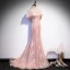 Meilleur Perle Rose Dentelle Robe De Soirée 2020 Trompette / Sirène De l'épaule Manches Courtes Perlage Train De Balayage Volants Dos Nu Robe De Ceremonie