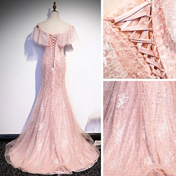 Meilleur Perle Rose Dentelle Robe De Soirée 2020 Trompette / Sirène De l'épaule Manches Courtes Perlage Train De Balayage Volants Dos Nu Robe De Ceremonie