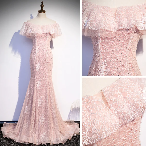 Meilleur Perle Rose Dentelle Robe De Soirée 2020 Trompette / Sirène De l'épaule Manches Courtes Perlage Train De Balayage Volants Dos Nu Robe De Ceremonie