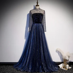 Vintage Mørk Marineblå Dancing Ballkjoler 2020 Prinsesse Gjennomsiktig Høy Hals Langermede Rhinestone Paljetter Glitter Tyll Feie Tog Buste Ryggløse Formelle Kjoler