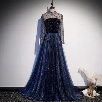 Vintage Originale Bleu Marine Dansant Robe De Bal 2020 Princesse Transparentes Col Haut Manches Longues Faux Diamant Paillettes Glitter Tulle Train De Balayage Volants Dos Nu Robe De Ceremonie