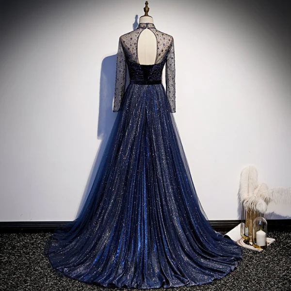 Vintage / Retro Navy Blue Dancing Prom Dresses 2020 A-Line / Princess See-through High Neck Long Sleeve Rhinestone Sequins Glitter Tulle Sweep Train Ruffle Backless Formal Dresses