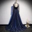 Vintage / Retro Navy Blue Dancing Prom Dresses 2020 A-Line / Princess See-through High Neck Long Sleeve Rhinestone Sequins Glitter Tulle Sweep Train Ruffle Backless Formal Dresses