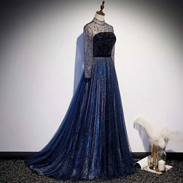 Vintage / Retro Navy Blue Dancing Prom Dresses 2020 A-Line / Princess See-through High Neck Long Sleeve Rhinestone Sequins Glitter Tulle Sweep Train Ruffle Backless Formal Dresses