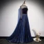 Vintage / Retro Navy Blue Dancing Prom Dresses 2020 A-Line / Princess See-through High Neck Long Sleeve Rhinestone Sequins Glitter Tulle Sweep Train Ruffle Backless Formal Dresses