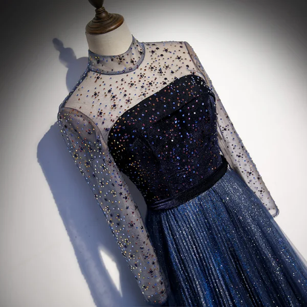 Vintage / Retro Navy Blue Dancing Prom Dresses 2020 A-Line / Princess See-through High Neck Long Sleeve Rhinestone Sequins Glitter Tulle Sweep Train Ruffle Backless Formal Dresses