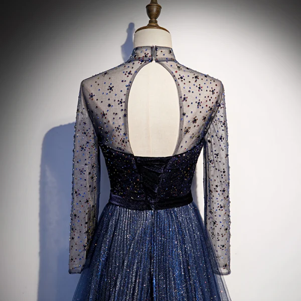Vintage / Retro Navy Blue Dancing Prom Dresses 2020 A-Line / Princess See-through High Neck Long Sleeve Rhinestone Sequins Glitter Tulle Sweep Train Ruffle Backless Formal Dresses