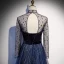 Vintage / Retro Navy Blue Dancing Prom Dresses 2020 A-Line / Princess See-through High Neck Long Sleeve Rhinestone Sequins Glitter Tulle Sweep Train Ruffle Backless Formal Dresses