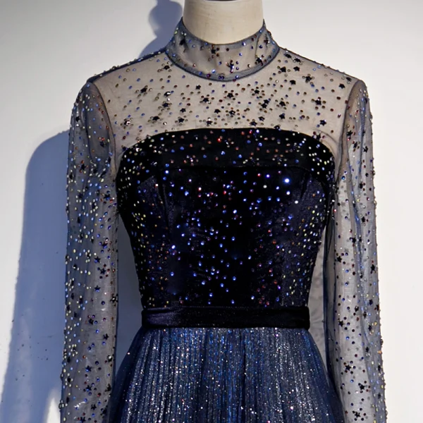 Vintage / Retro Navy Blue Dancing Prom Dresses 2020 A-Line / Princess See-through High Neck Long Sleeve Rhinestone Sequins Glitter Tulle Sweep Train Ruffle Backless Formal Dresses