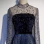 Vintage / Retro Navy Blue Dancing Prom Dresses 2020 A-Line / Princess See-through High Neck Long Sleeve Rhinestone Sequins Glitter Tulle Sweep Train Ruffle Backless Formal Dresses