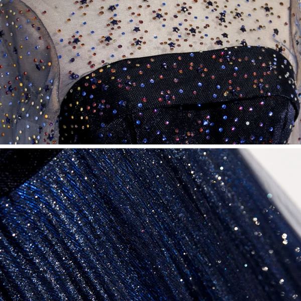 Vintage / Retro Navy Blue Dancing Prom Dresses 2020 A-Line / Princess See-through High Neck Long Sleeve Rhinestone Sequins Glitter Tulle Sweep Train Ruffle Backless Formal Dresses