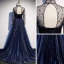 Vintage / Retro Navy Blue Dancing Prom Dresses 2020 A-Line / Princess See-through High Neck Long Sleeve Rhinestone Sequins Glitter Tulle Sweep Train Ruffle Backless Formal Dresses